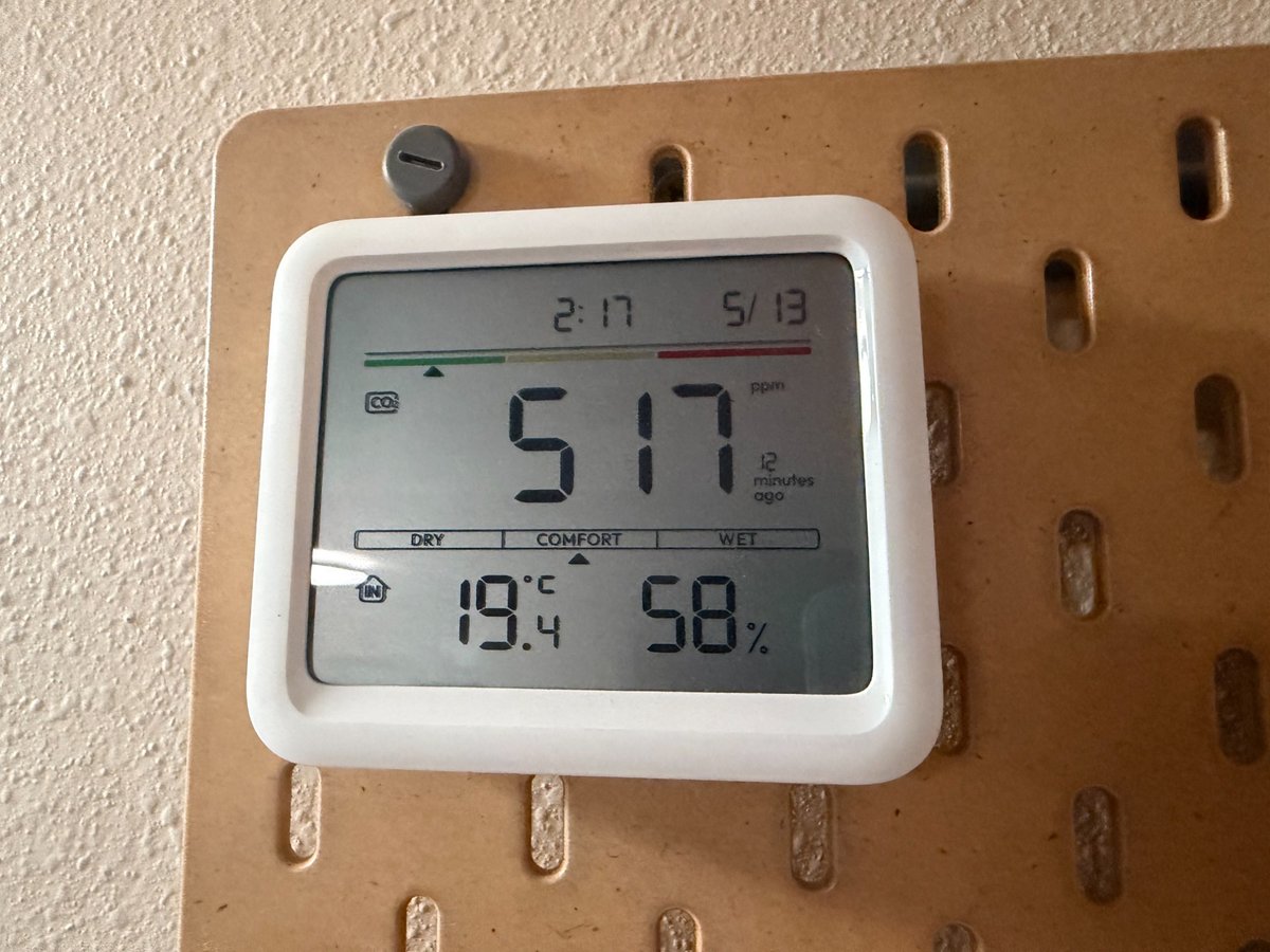 A CO2 air quality monitor reading 517 ppm, 19.4°C, 58% humidity, in the COMFORT band