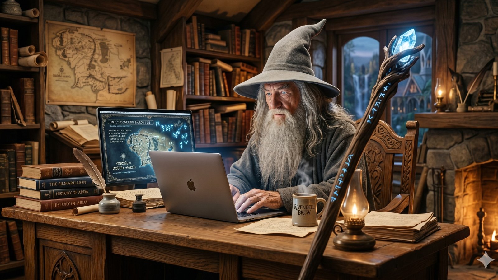 Gandalf at a wooden desk in Rivendell, typing on a MacBook, staff propped against the chair, mug of Rivendell Brew within reach