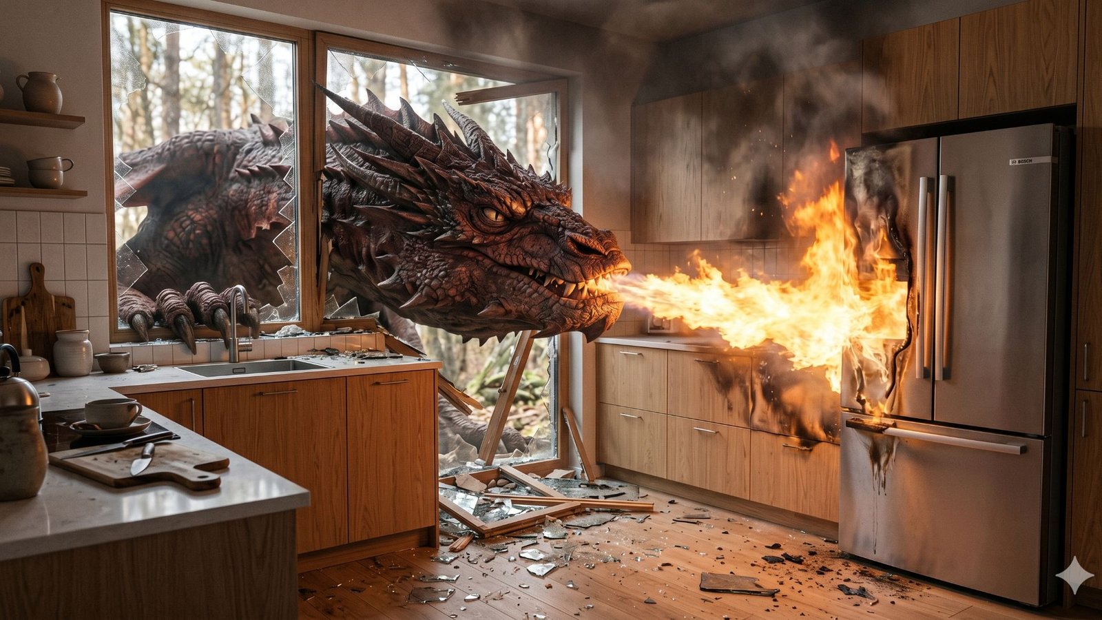 A dragon bursting through the kitchen window, breathing fire at the refrigerator