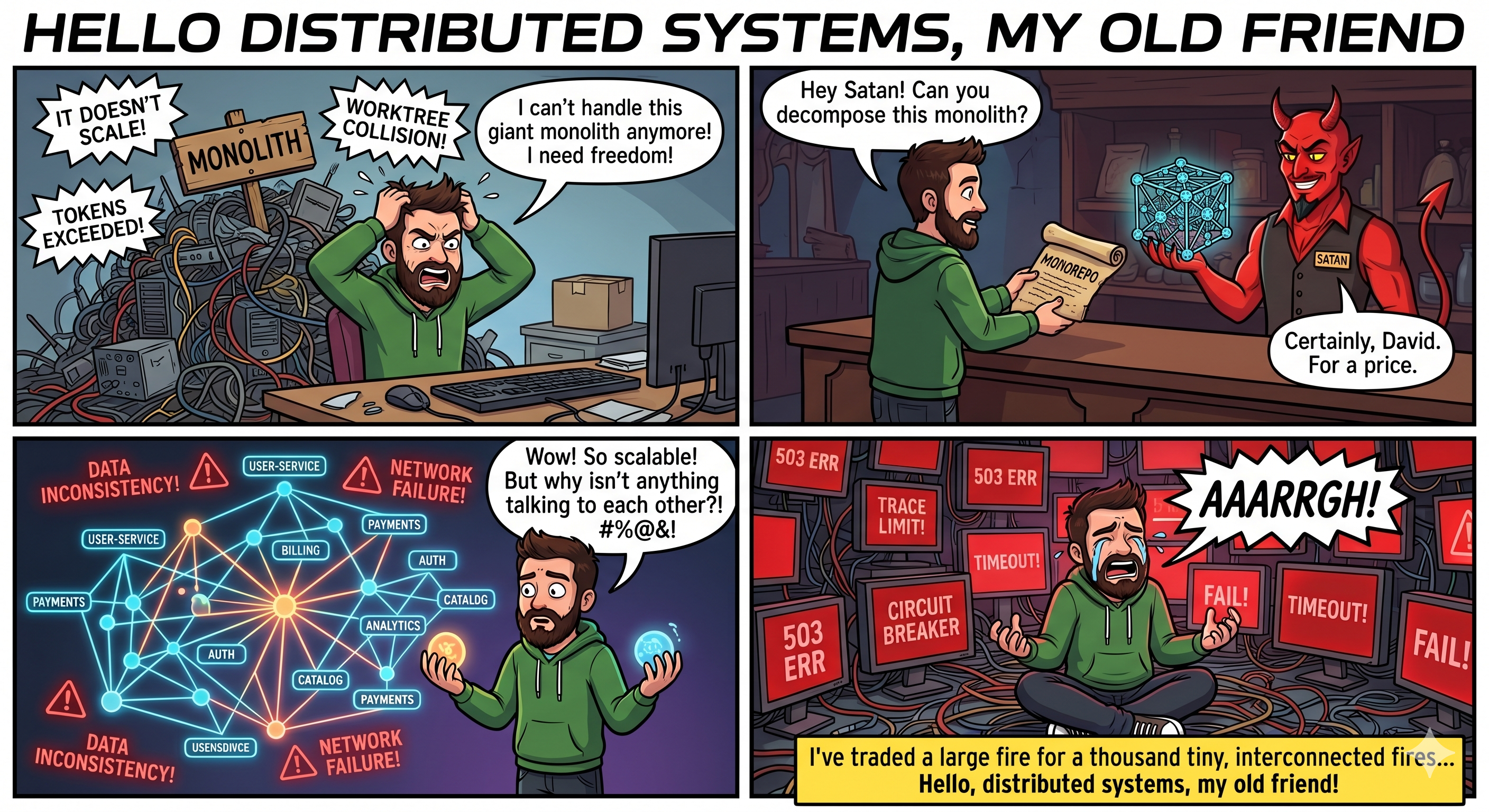 Four-panel comic titled 'Hello Distributed Systems, My Old Friend'. Panel 1: a stressed developer at a desk yelling about a monolith that won't scale, with 'WORKTREE COLLISION!' and 'TOKENS EXCEEDED!' speech bubbles. Panel 2: the developer hands the monolith to a red devil ('Hey Satan! Can you decompose this monolith?' / 'Certainly, David. For a price.'). Panel 3: the developer holds two glowing orbs before a sprawling microservices graph, marveling 'Wow! So scalable! But why isn't anything talking to each other?!' amid 'DATA INCONSISTENCY' and 'NETWORK FAILURE' labels. Panel 4: the developer sits cross-legged, screaming, surrounded by red 503 / TIMEOUT / CIRCUIT BREAKER / FAIL tiles, captioned 'I've traded a large fire for a thousand tiny, interconnected fires... Hello, distributed systems, my old friend!'